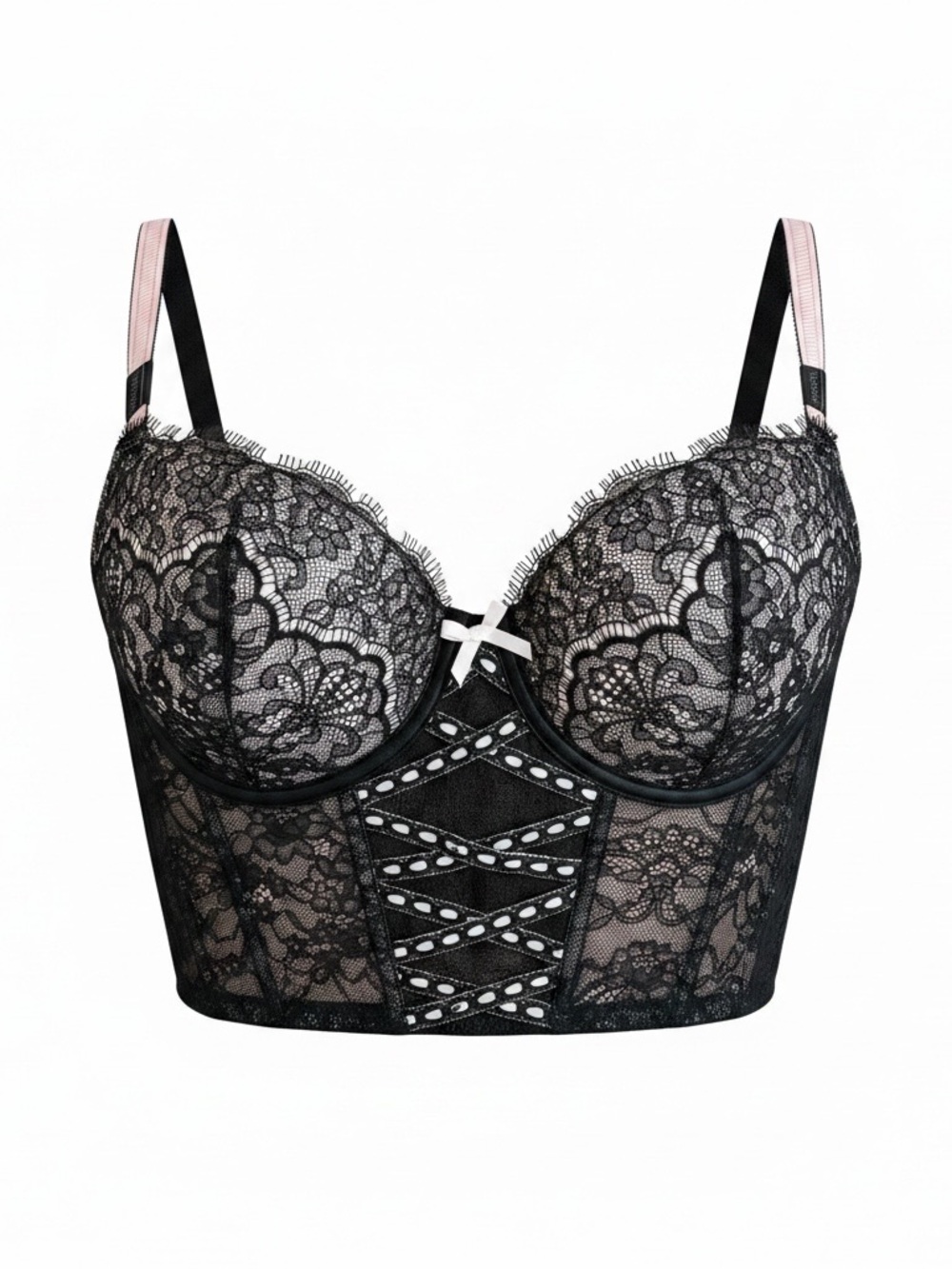 Victoria's Secret Black Lace Longline Bustier with Pink Strap Accents